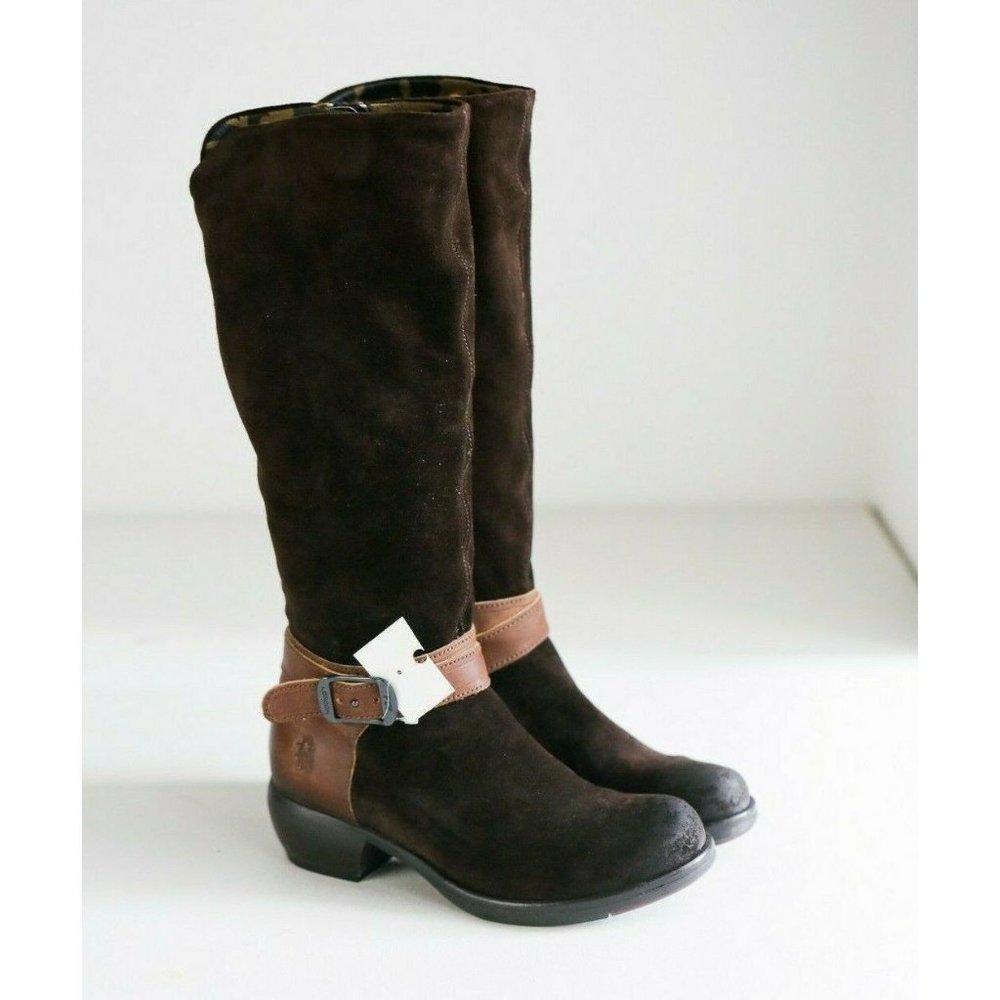 NWT Fly London Brown Suede and Leather Tall Zip up Boots Sz 37
